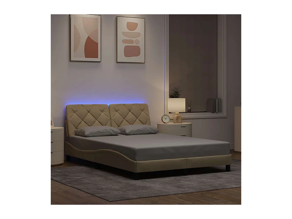 Estructura de cama con LED sin colchón tela crema 140x190 cm