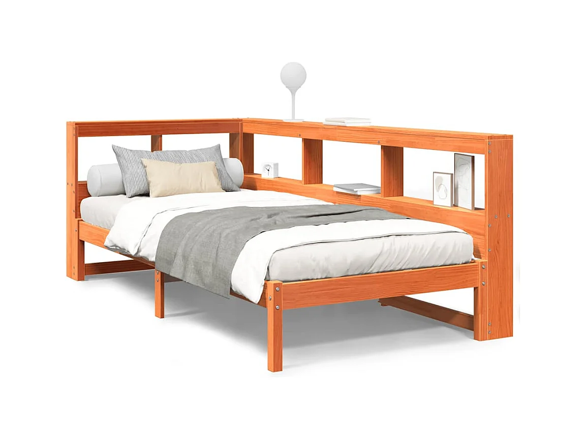 Letto libreria senza materasso, cera marrone, 90x200 cm, pino massiccio