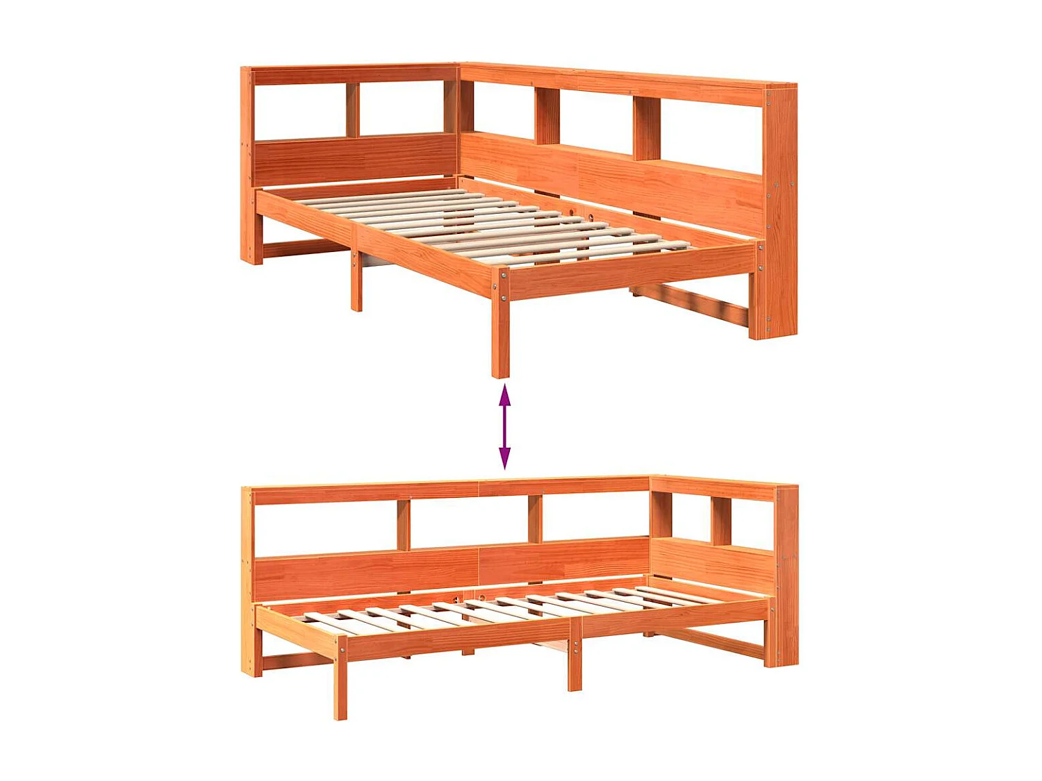 Letto libreria senza materasso, cera marrone, 90x200 cm, pino massiccio