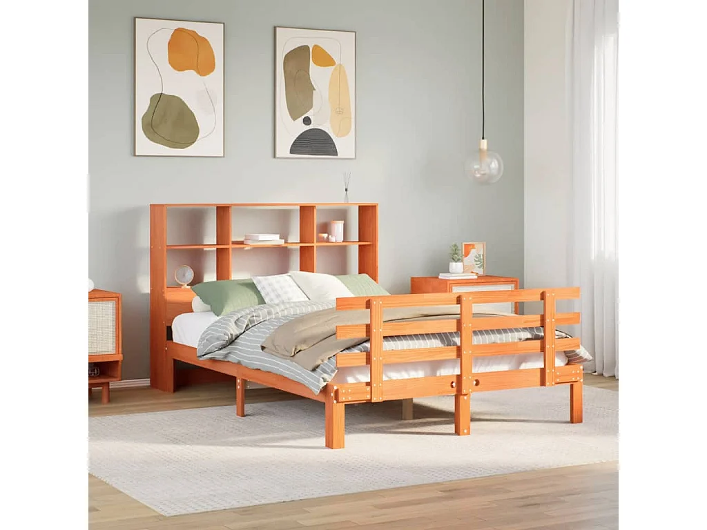 Bibliotheekbed zonder matras bruin gewaxt 140x190 cm massief grenen