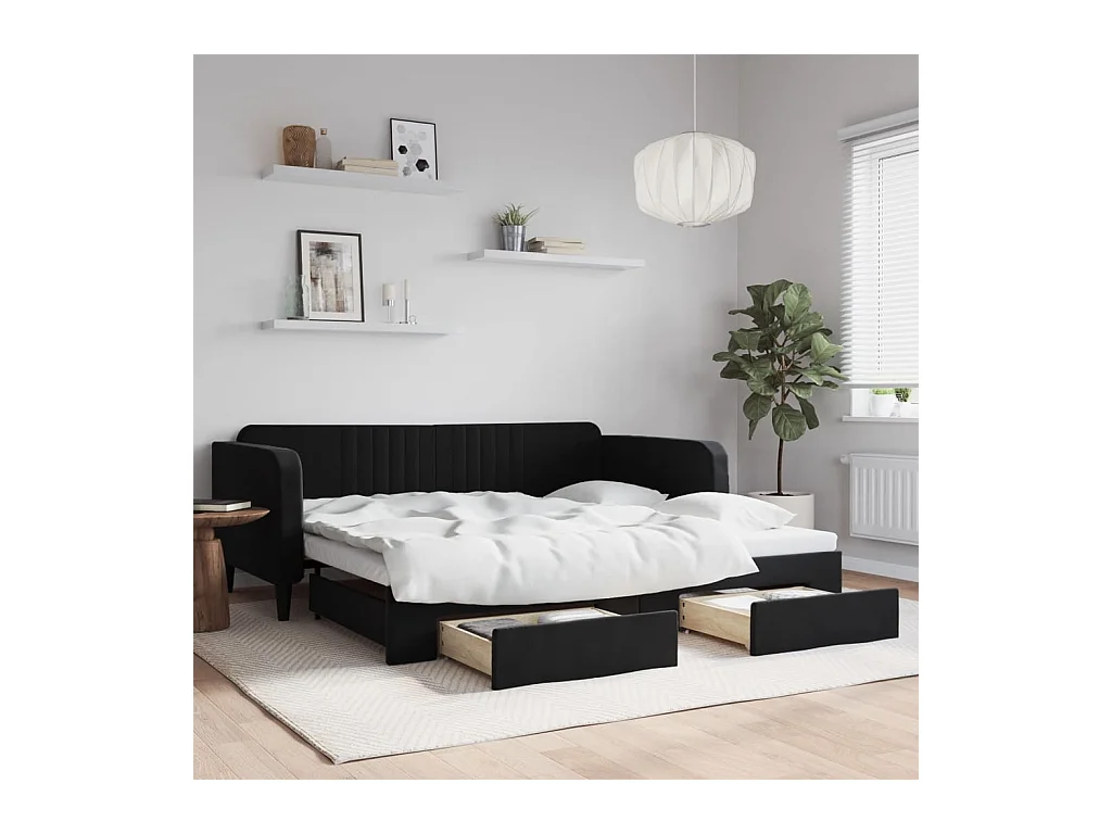 Tagesbett mit Ausziehbett und Schubladen ohne Matratze schwarz 100x200cm