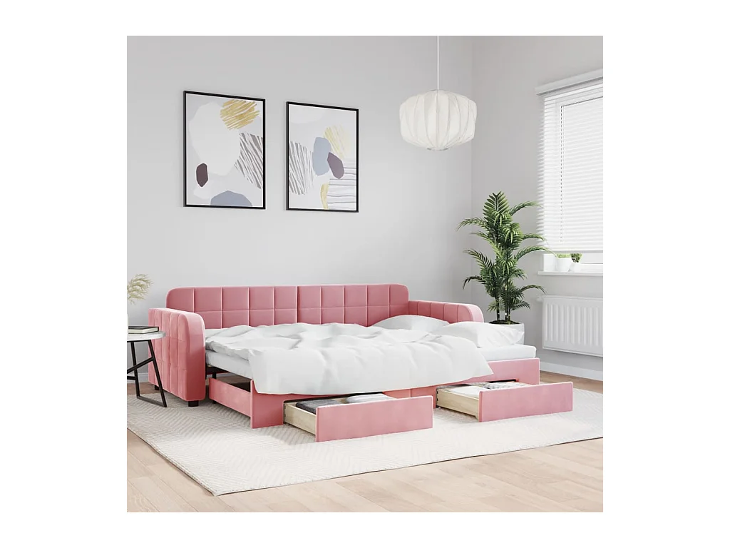 Divano letto con rotelle e cassetti senza materasso rosa 80x200 cm