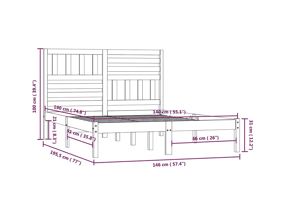 Cadre de lit sans matelas noir bois de pin massif 140x190 cm