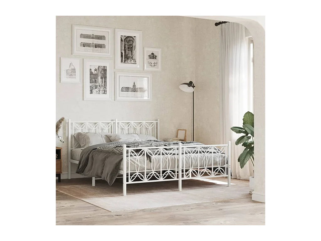 Cadre de lit métal sans matelas et pied de lit blanc 160x200 cm