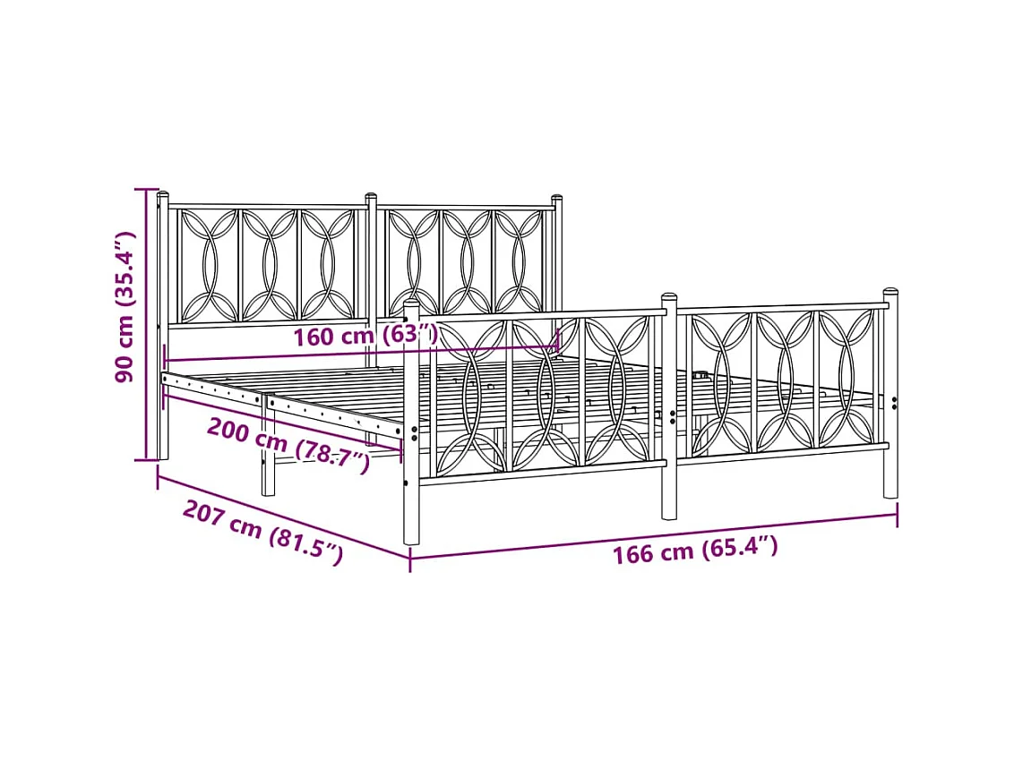 Cadre de lit métal sans matelas et pied de lit blanc 160x200 cm