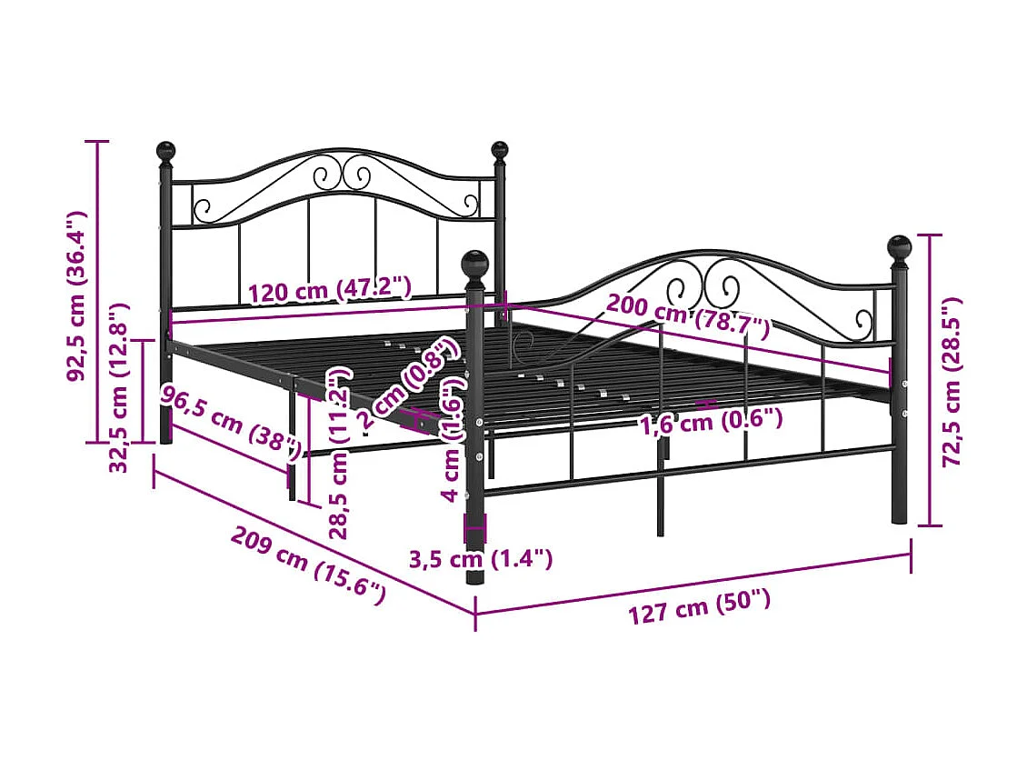 Struttura letto senza materasso in metallo nero 120x200 cm