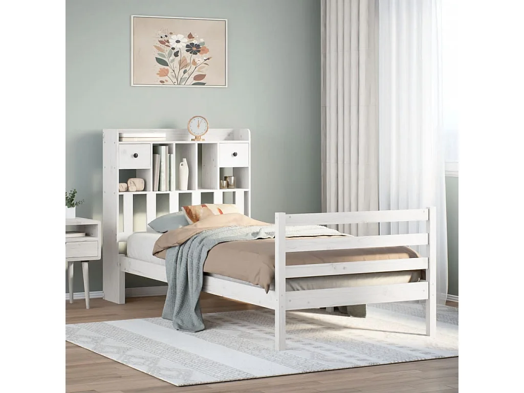 Lit bibliothèque sans matelas blanc 90x200cm bois de pin massif