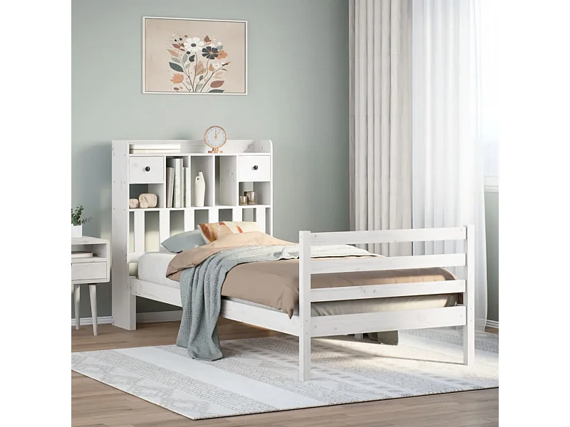 Cama librería blanca sin colchón 90x200cm madera maciza de pino