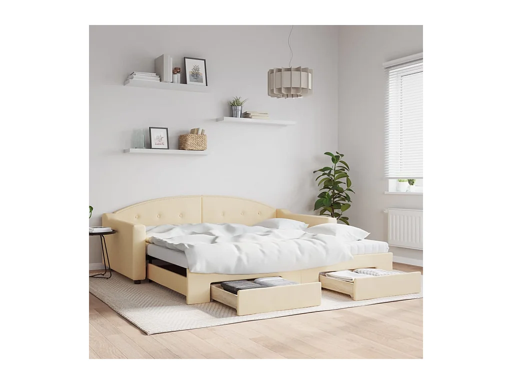 Divano letto con rotelle e cassetti in tessuto crema 100x200 cm