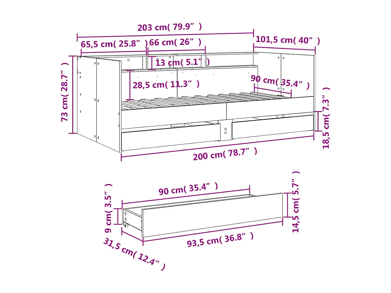 Dagbed met lades zonder matras gerookt eiken 90x200 cm