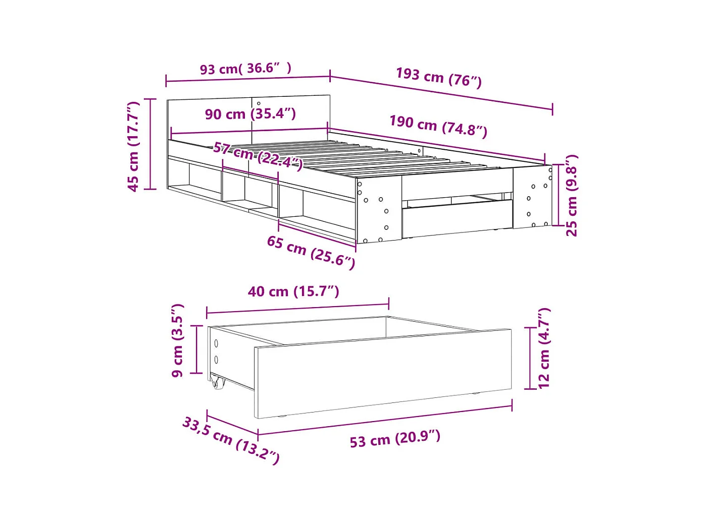 Bedframe met lade zonder matras bruin eiken 90x190 cm
