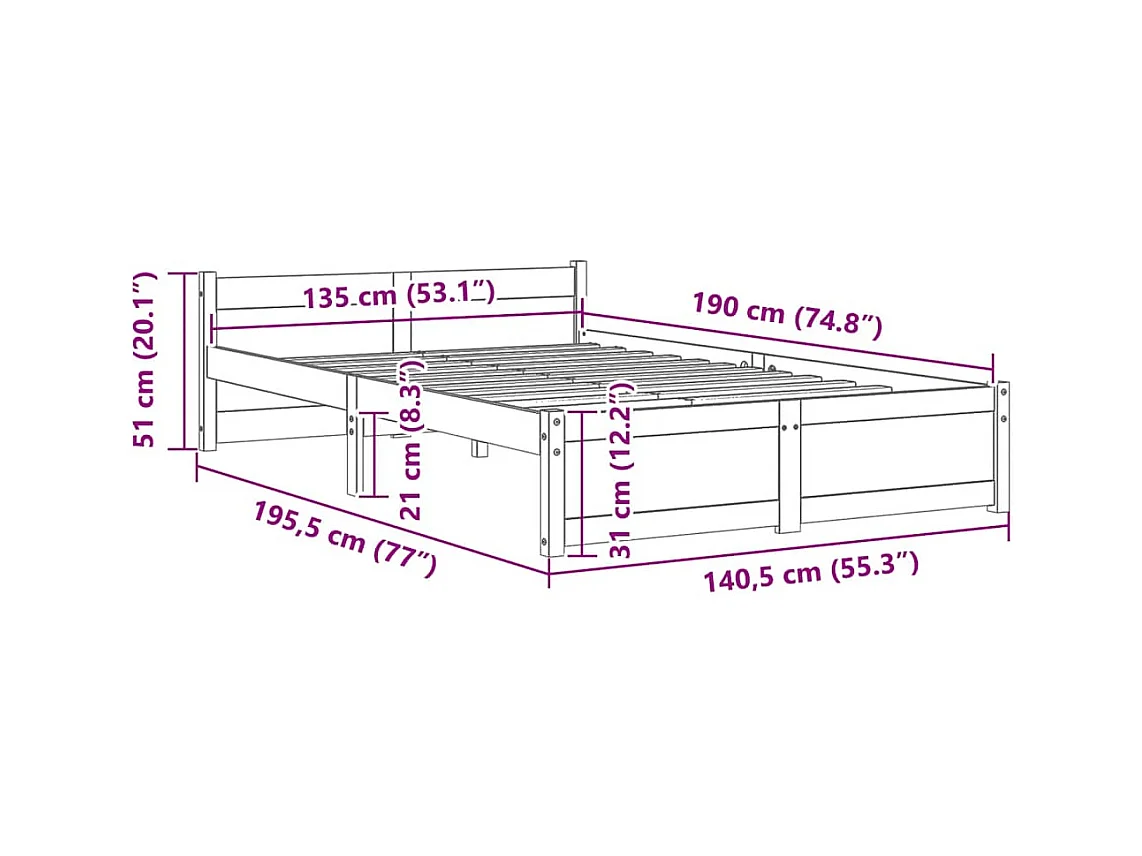 Struttura letto senza materasso in legno massello nero 135x190 cm