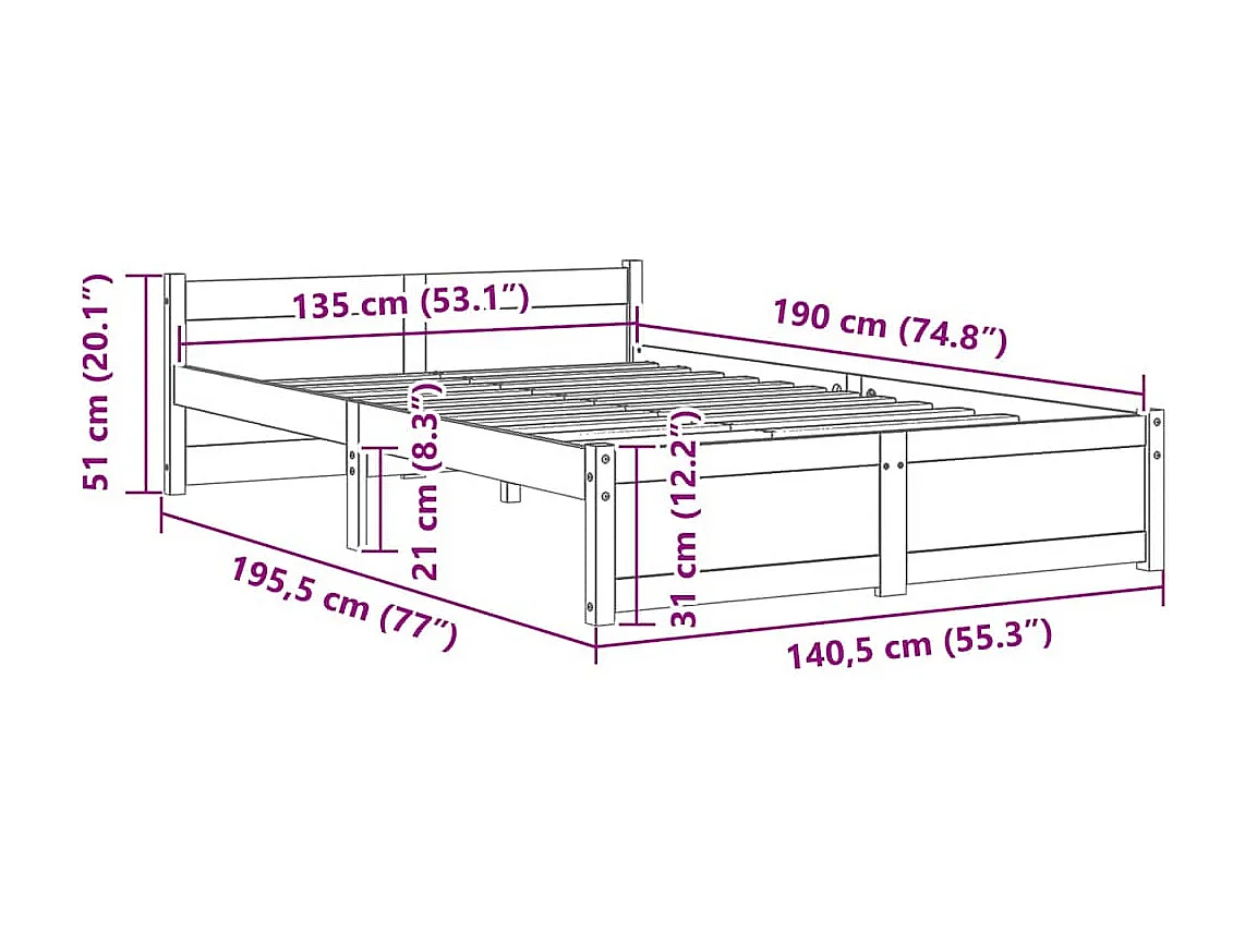 Struttura letto senza materasso in legno massello nero 135x190 cm