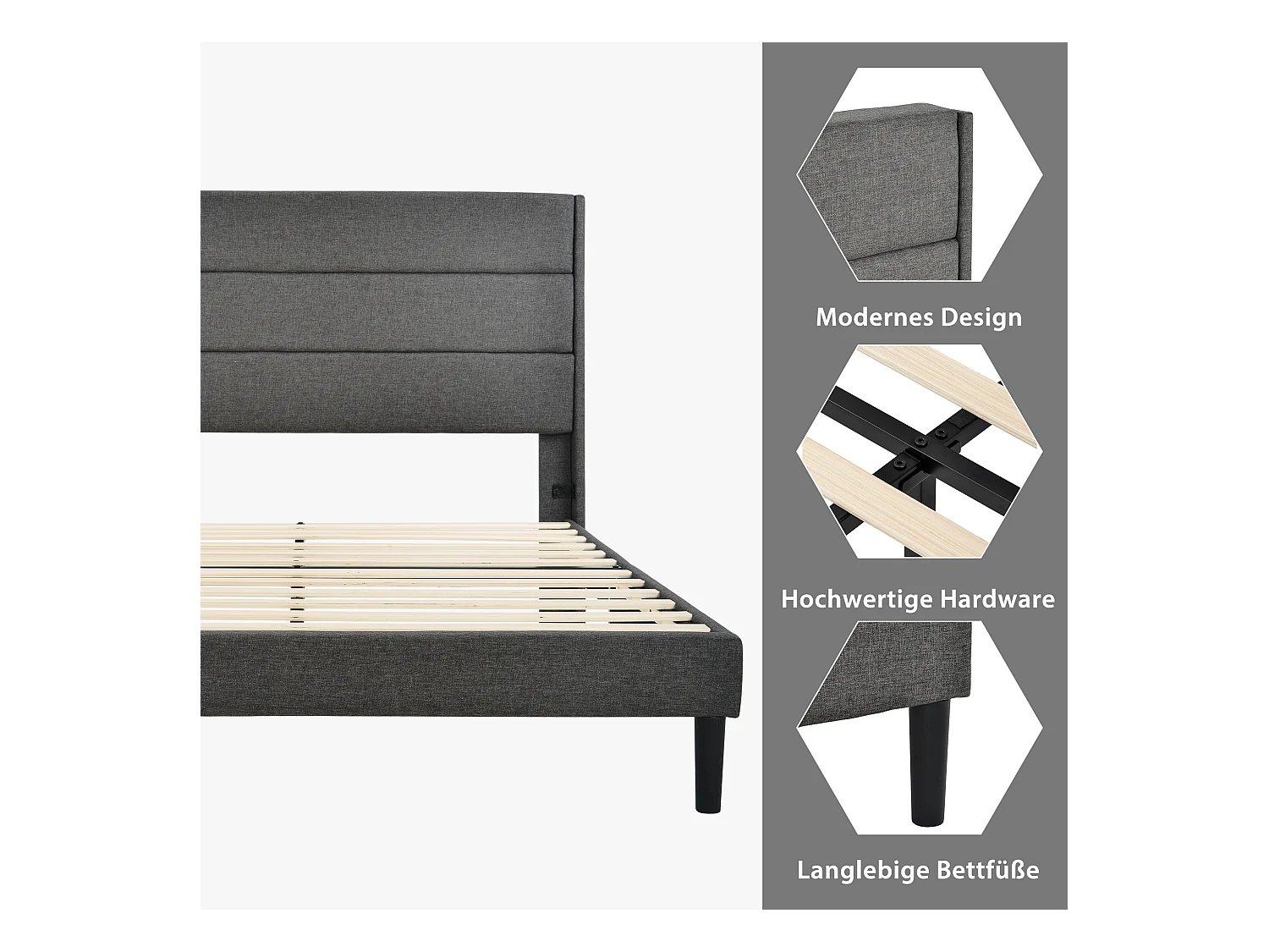 Tweepersoonsbed 140x200 cm, met hoofdbord, frame met lattenbodem, donkergrijze linnen stof, tijdloos modern design (146x210x111 cm)