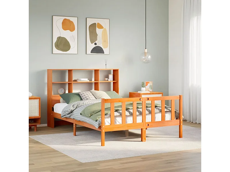 Bibliotheekbed zonder matras bruin gewaxt 135x190 cm massief grenen