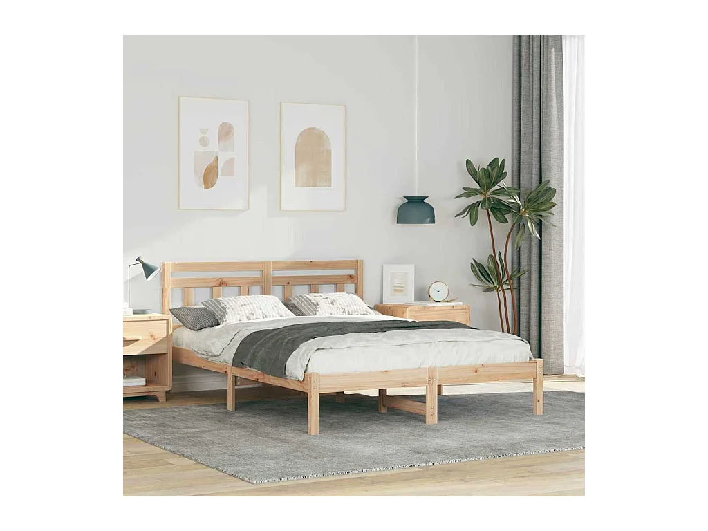 Estructura de cama con cabecero de madera de pino marrón