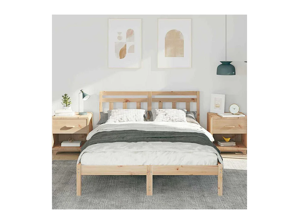 Estructura de cama con cabecero de madera de pino marrón