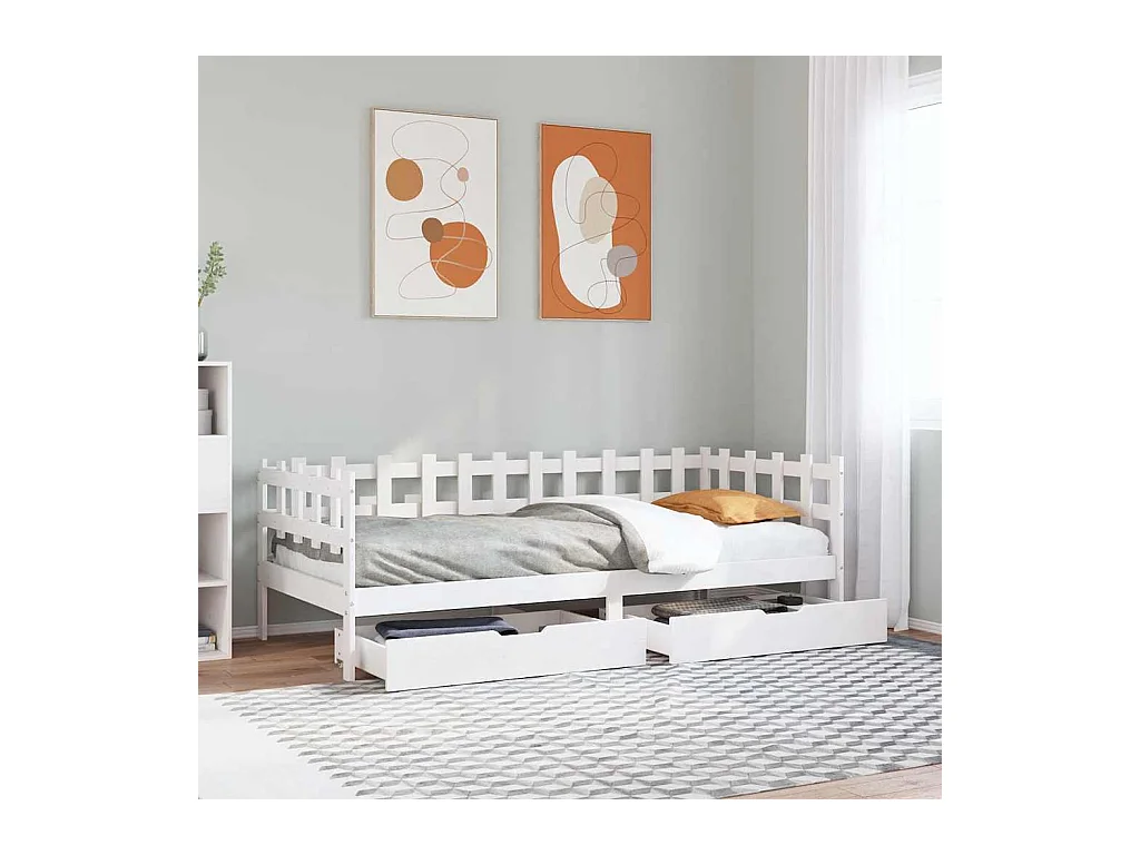 Divano letto e cassetti senza materasso bianco 90x190 cm in legno massello