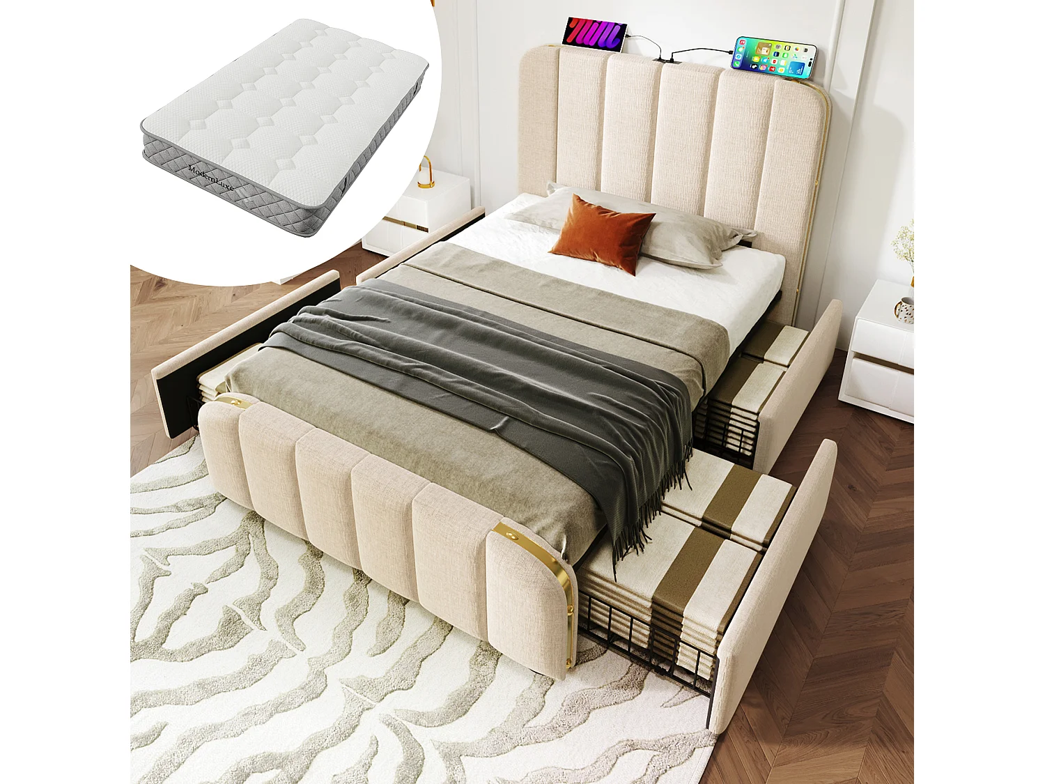 Lit simple avec tête de lit rembourrée, tissu lin beige, 4 tiroirs, USB Type-C, 90x200 cm (Dimensions : 215x98x101 cm)