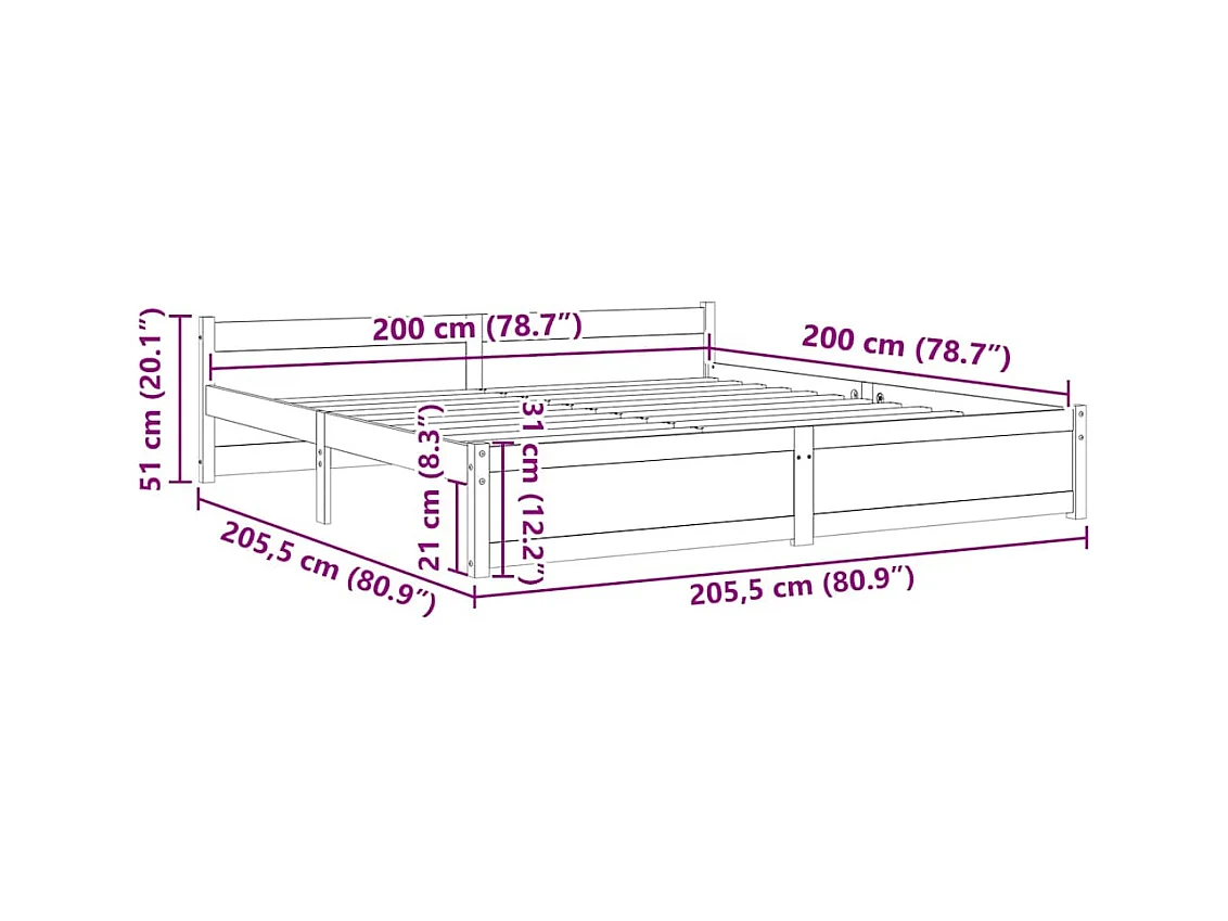 Bedframe zonder matras massief hout 200x200 cm