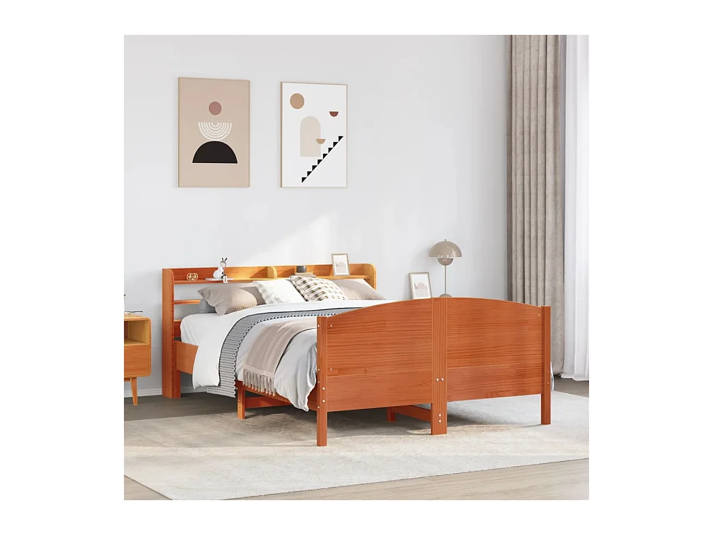 Estructura de cama sin colchón, color marrón cera, 135x190cm, madera maciza de pino