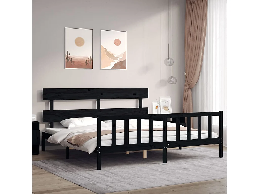 Cadre de lit sans matelas noir 200x200 cm bois massif de pin