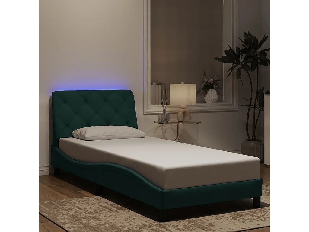 Cadre de lit avec LED sans matelas vert foncé 90x200 cm velours