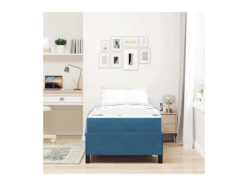 Estructura de cama de terciopelo azul oscuro y blanco de 90 x 200 cm