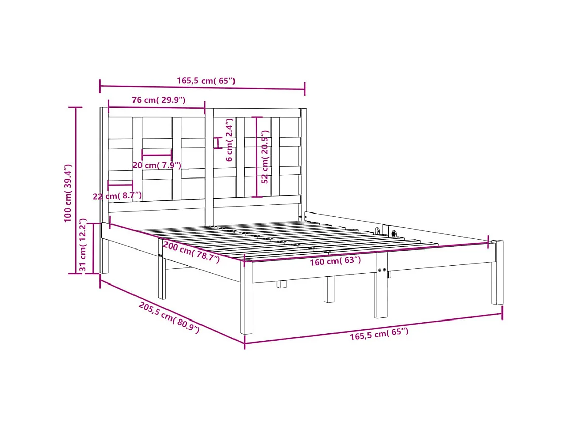 Cadre de lit sans matelas 160x200 cm bois massif