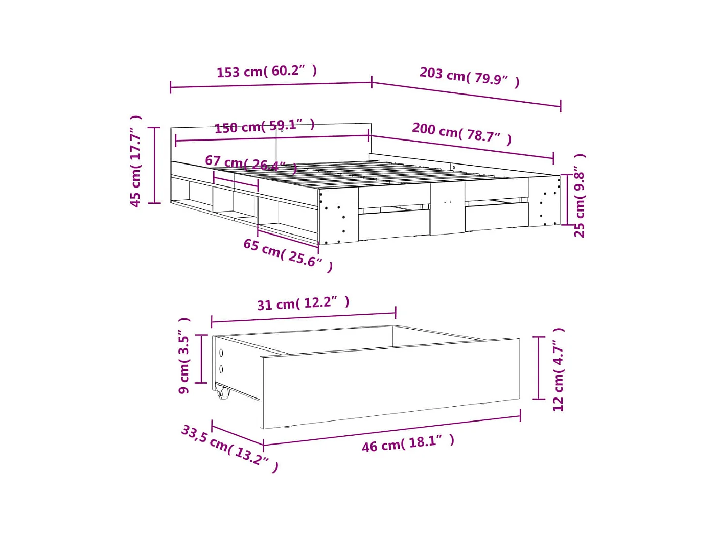 Estructura de cama con cajones sin colchón negra 150x200 cm