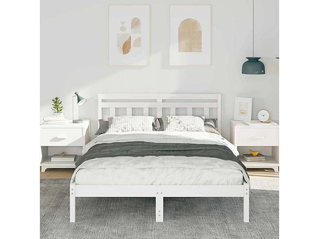 Bettgestell mit Kopfteil Weiß Massivholz Kiefer