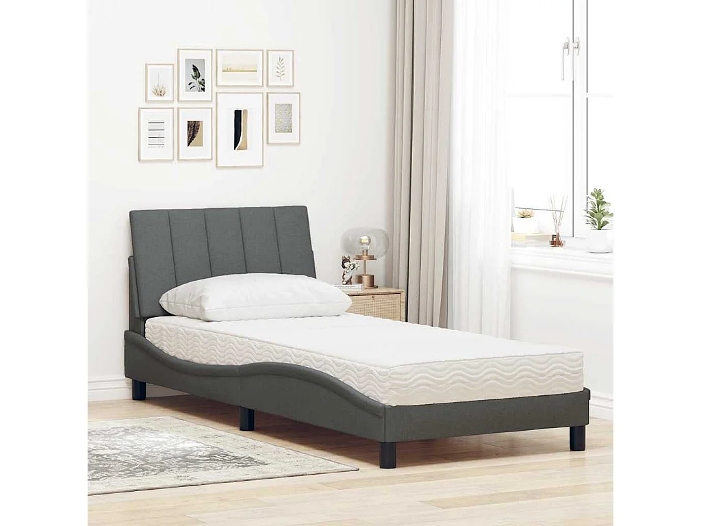Lit avec matelas gris foncé 90x190 cm tissu