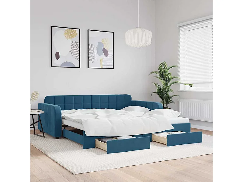 Divano letto con rotelle e cassetti senza materasso blu 100x200cm