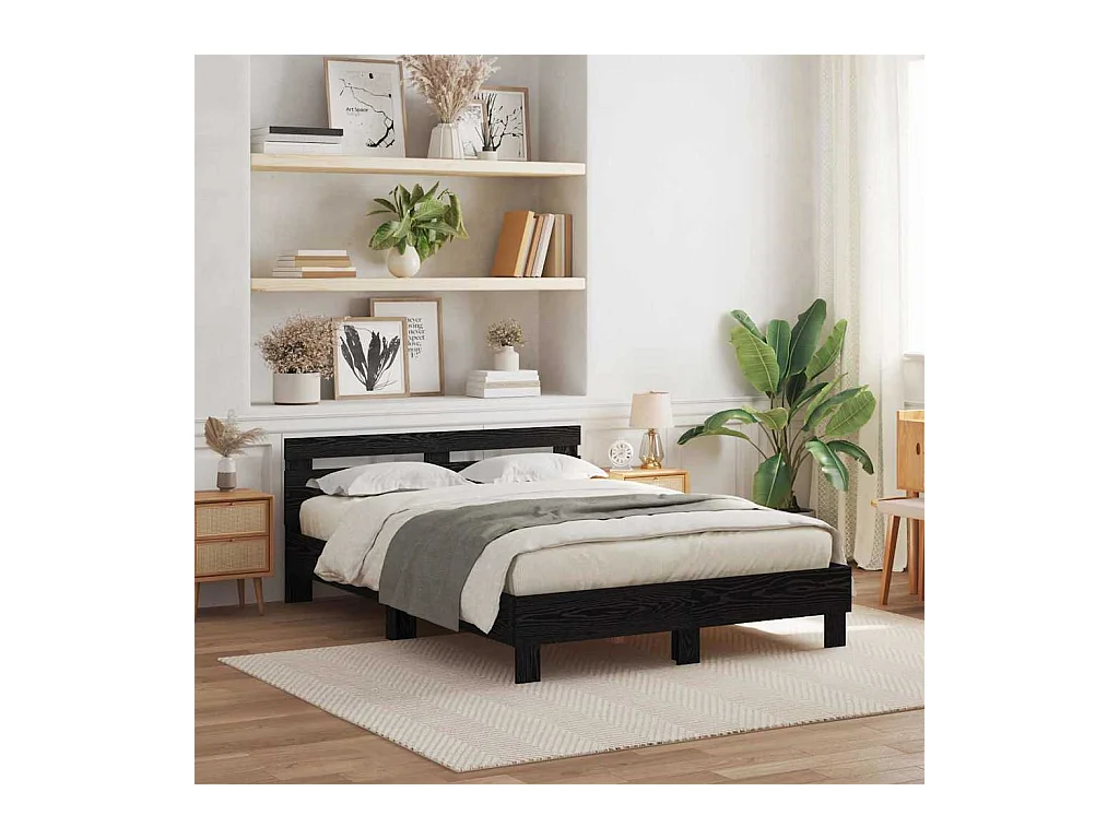 Estructura de cama de roble negro de 140 x 190 cm de madera de ingeniería