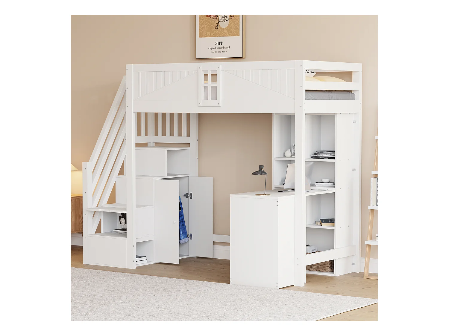 Mezzaninebed 90 x 200 cm, met enkele leuning, bureau, lades en opbergruimte, verwisselbare veiligheidsladder (252,5 x 118 x 170 cm)