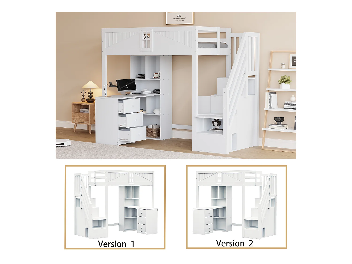 Mezzaninebed 90 x 200 cm, met enkele leuning, bureau, lades en opbergruimte, verwisselbare veiligheidsladder (252,5 x 118 x 170 cm)