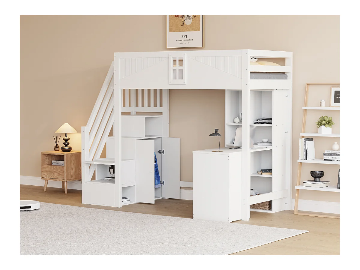 Mezzaninebed 90 x 200 cm, met enkele leuning, bureau, lades en opbergruimte, verwisselbare veiligheidsladder (252,5 x 118 x 170 cm)