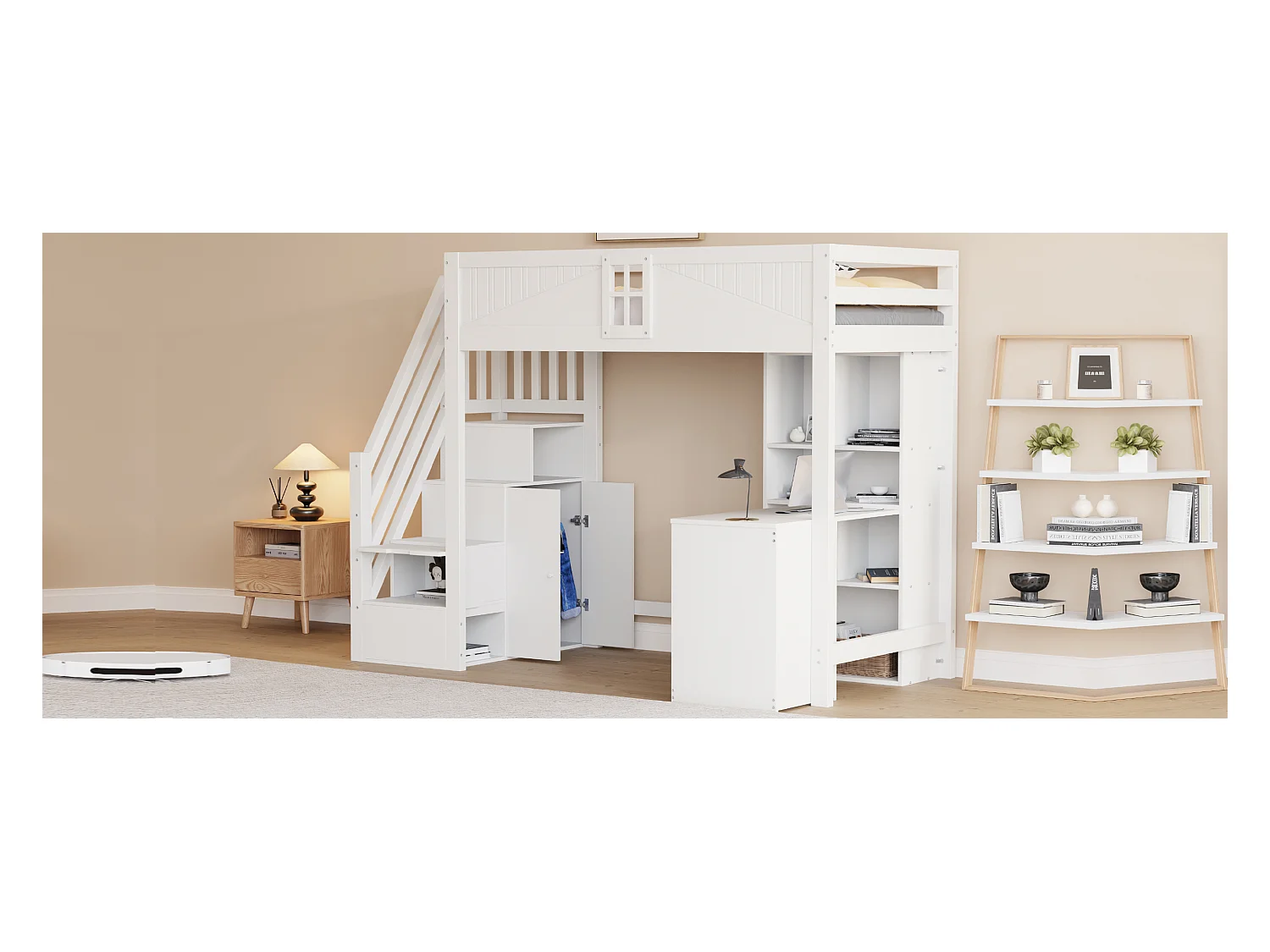 Mezzaninebed 90 x 200 cm, met enkele leuning, bureau, lades en opbergruimte, verwisselbare veiligheidsladder (252,5 x 118 x 170 cm)