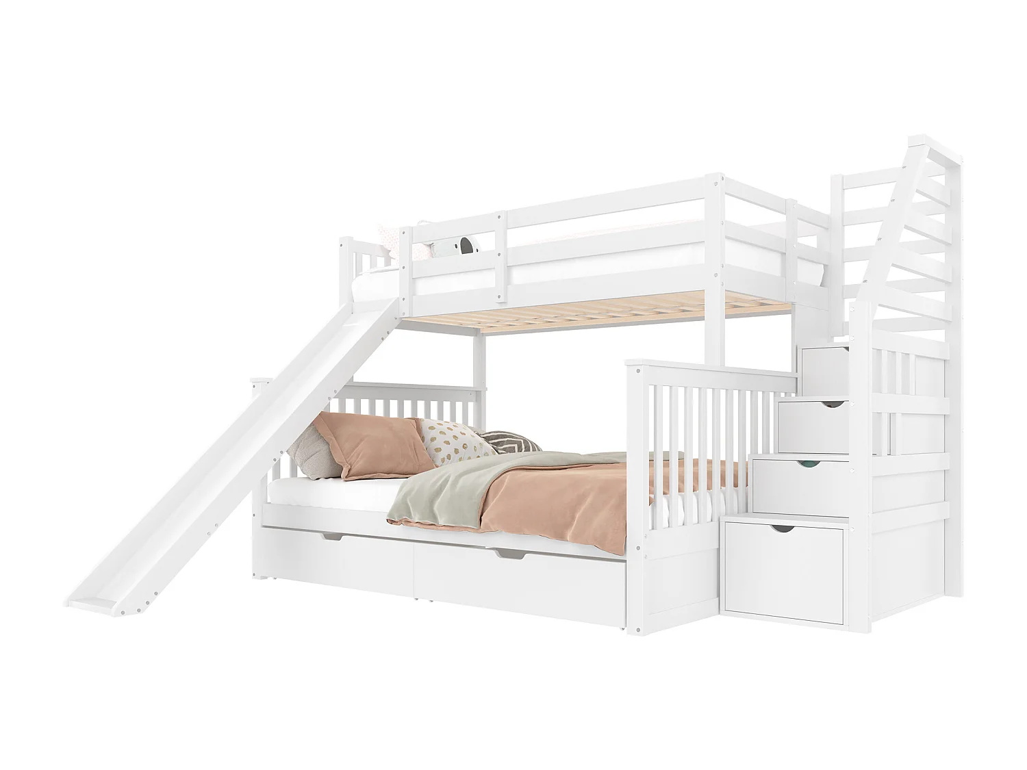 Stapelbed 90x200/140x200 cm, met lades, opbergruimte en glijbaan, grenen, wit (255x237,5x150 cm)