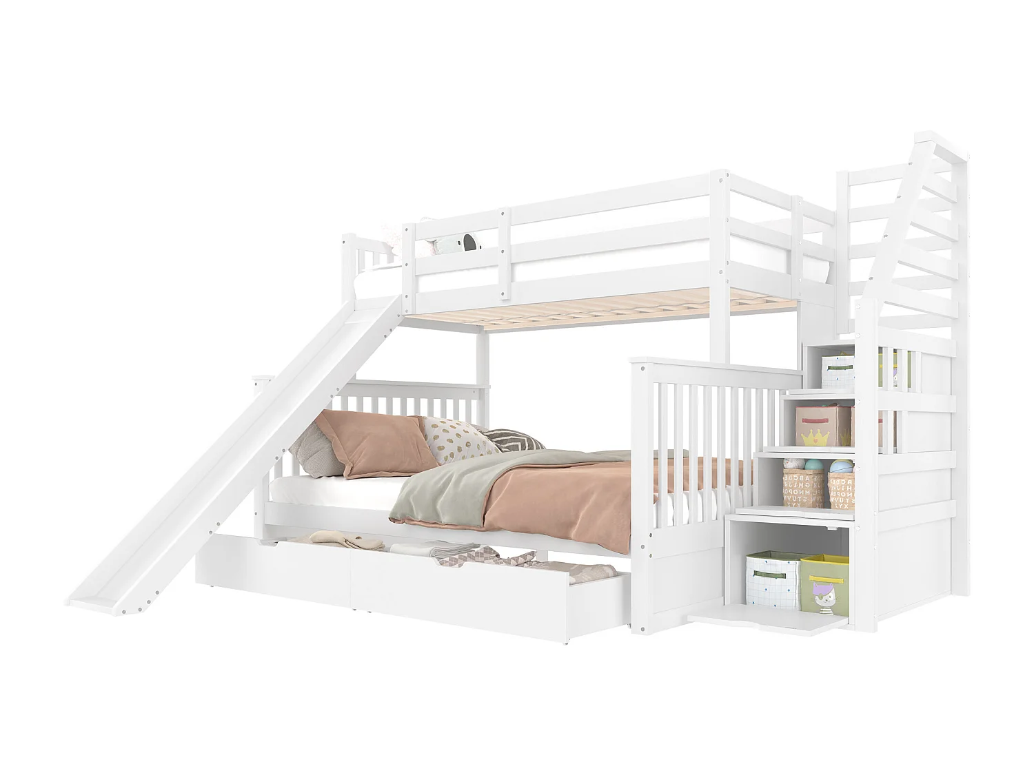 Stapelbed 90x200/140x200 cm, met lades, opbergruimte en glijbaan, grenen, wit (255x237,5x150 cm)