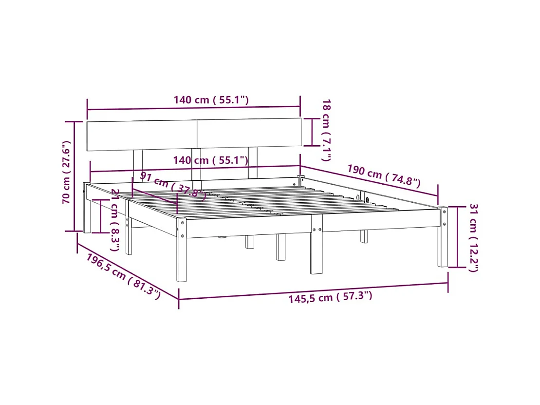 Cadre de lit sans matelas blanc bois massif 140x190 cm