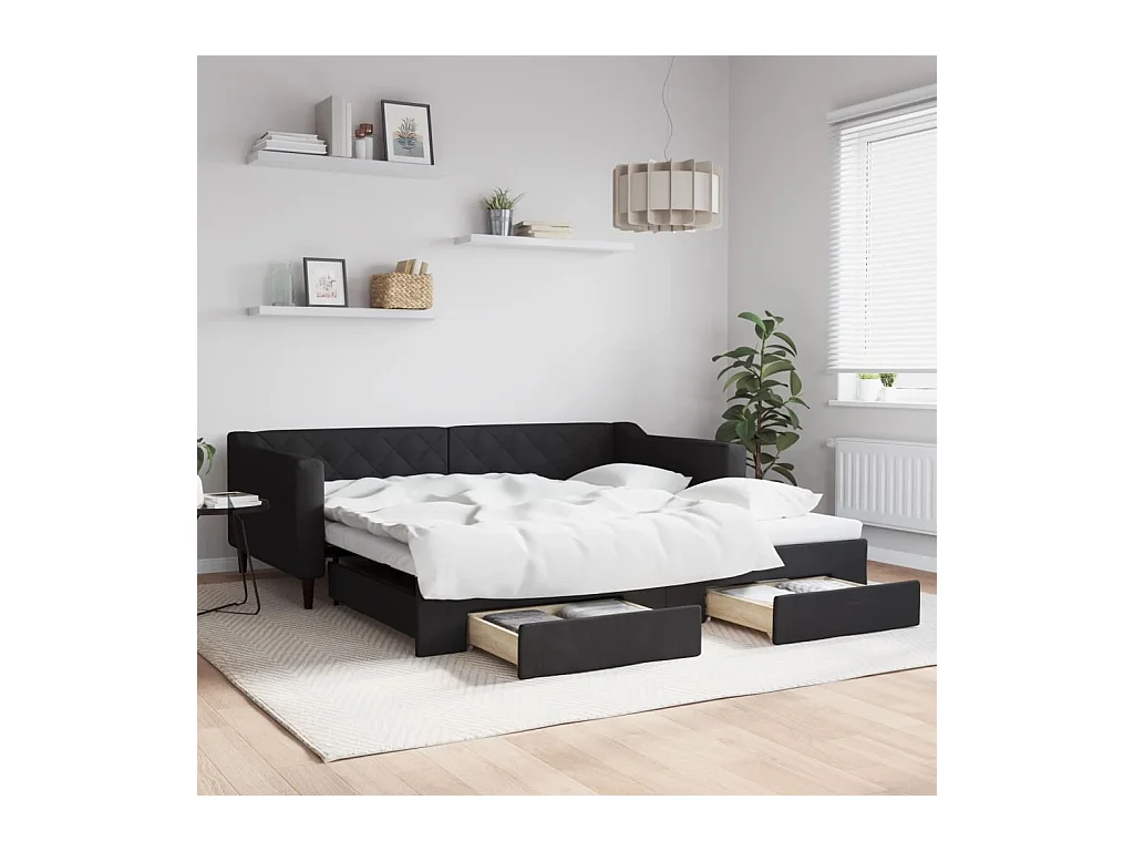 Cama de día con nido y cajones sin colchón negro 100x200cm