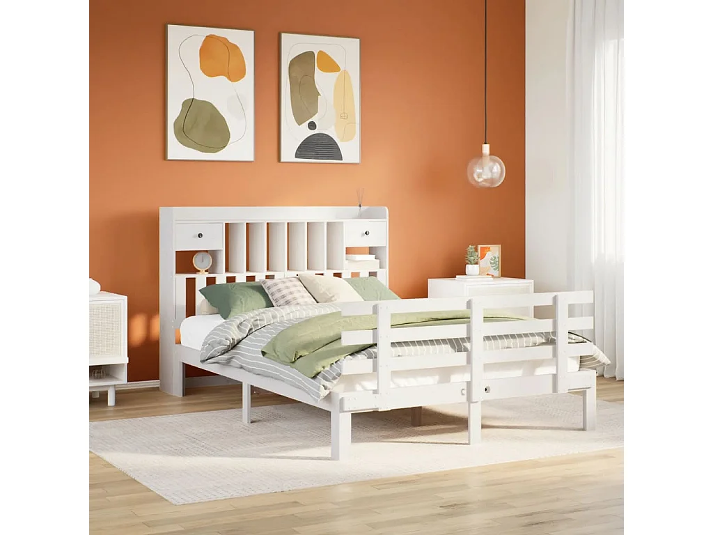 Lit bibliothèque sans matelas blanc 140x200 cm bois pin massif