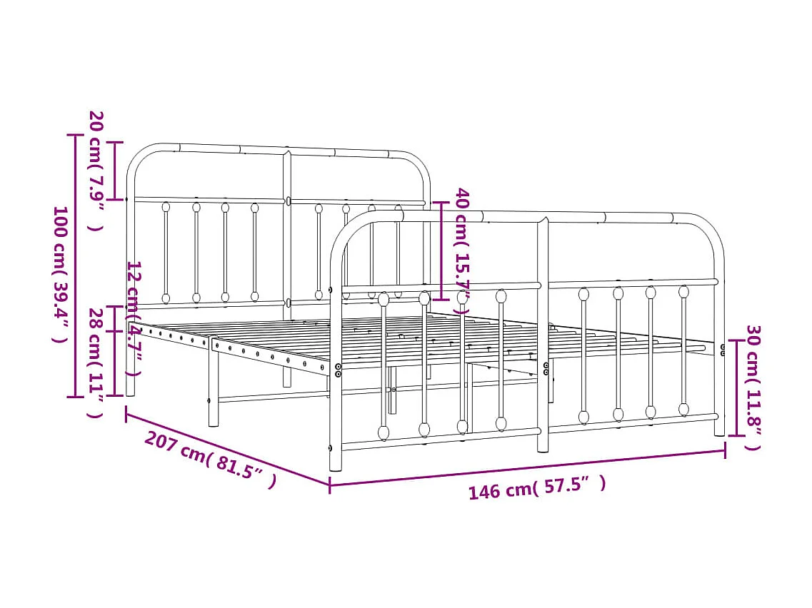 Estructura de cama de metal sin colchón con pie de cama negro 140x200cm