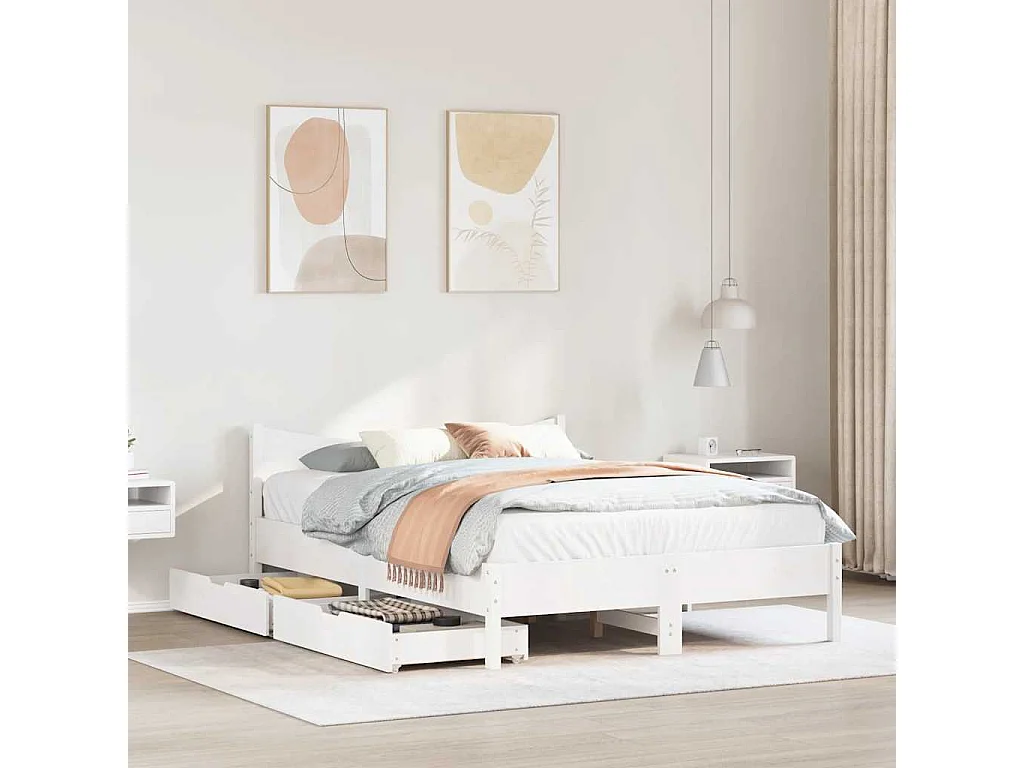 Struttura letto con cassetti bianco 160x200 cm in legno massello di pino