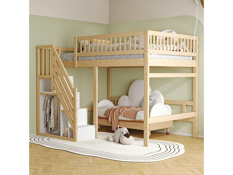 Massief houten bed 140x200 met opbergtrap, hoge leuning, natuurlijk design (205x192x173 cm)