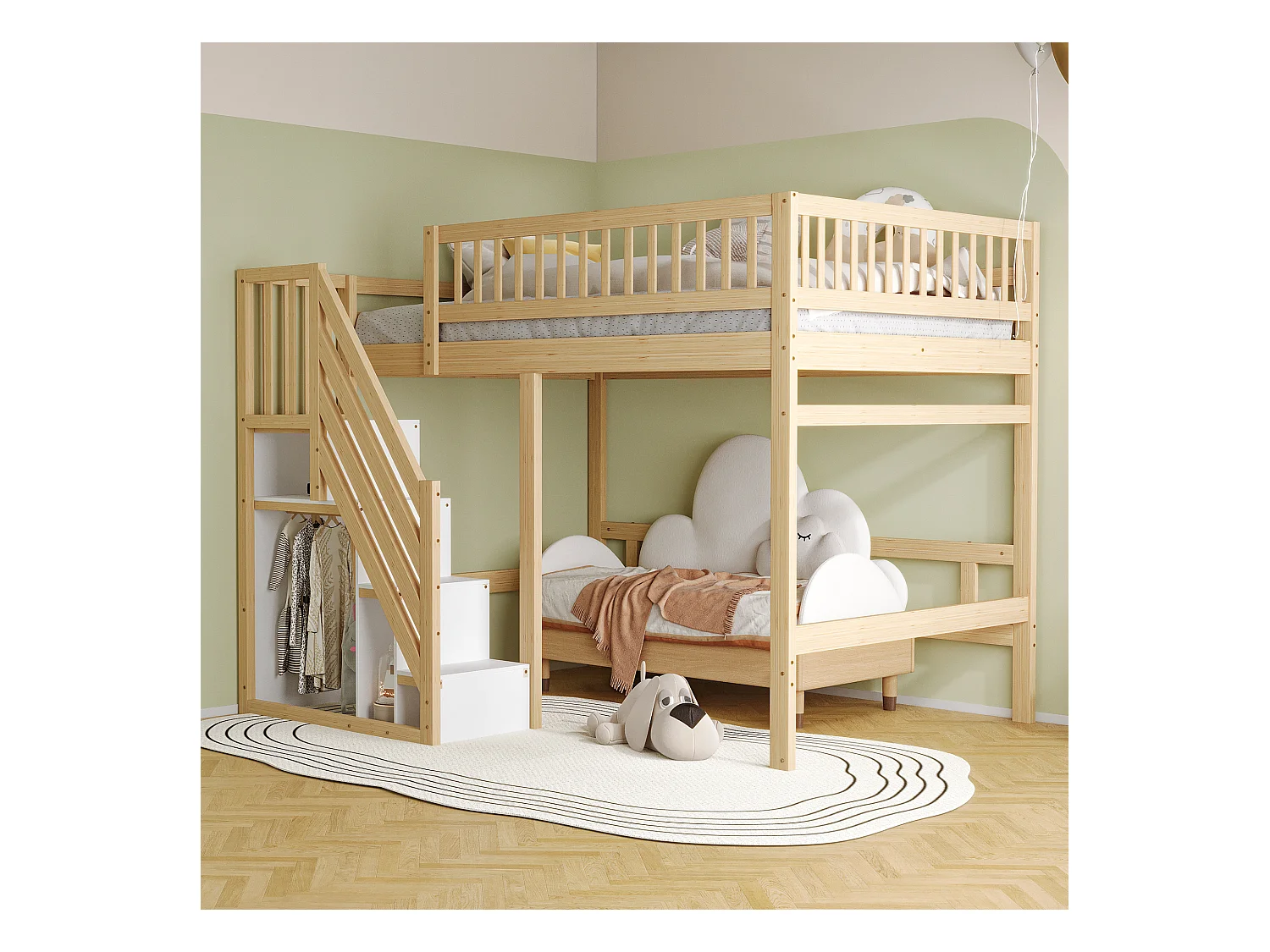 Massief houten bed 140x200 met opbergtrap, hoge leuning, natuurlijk design (205x192x173 cm)