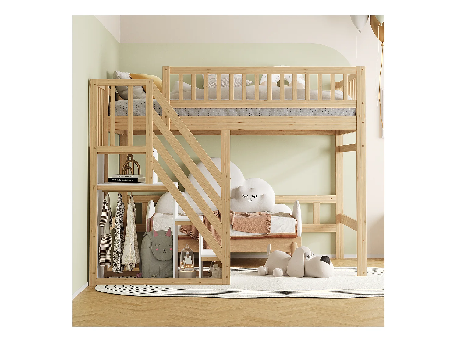 Massief houten bed 140x200 met opbergtrap, hoge leuning, natuurlijk design (205x192x173 cm)