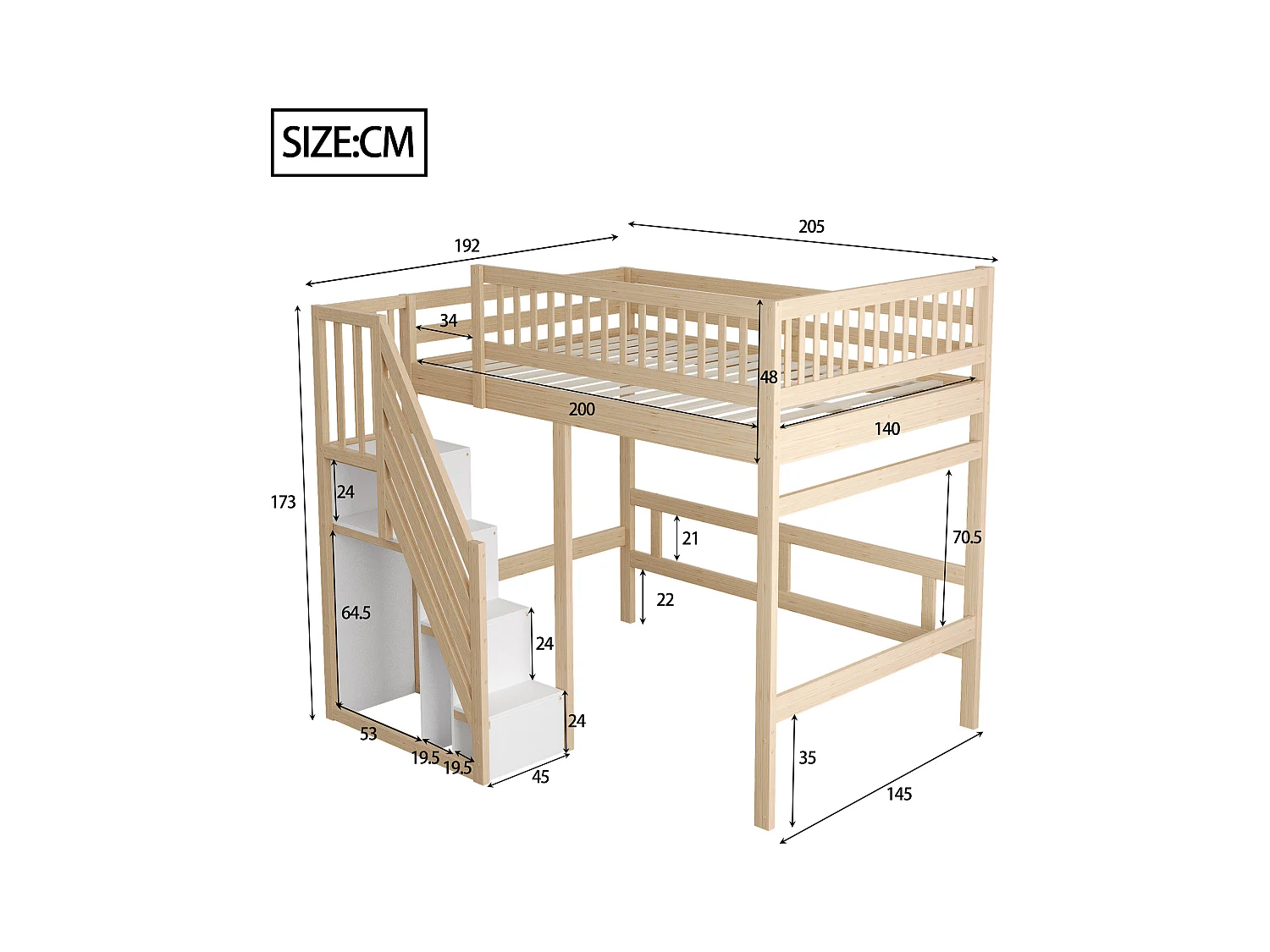 Massief houten bed 140x200 met opbergtrap, hoge leuning, natuurlijk design (205x192x173 cm)