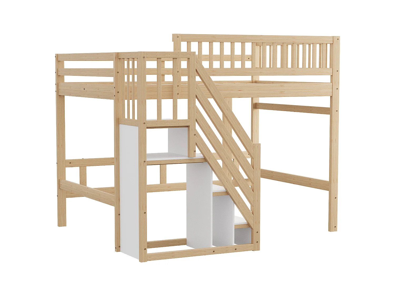 Massief houten bed 140x200 met opbergtrap, hoge leuning, natuurlijk design (205x192x173 cm)